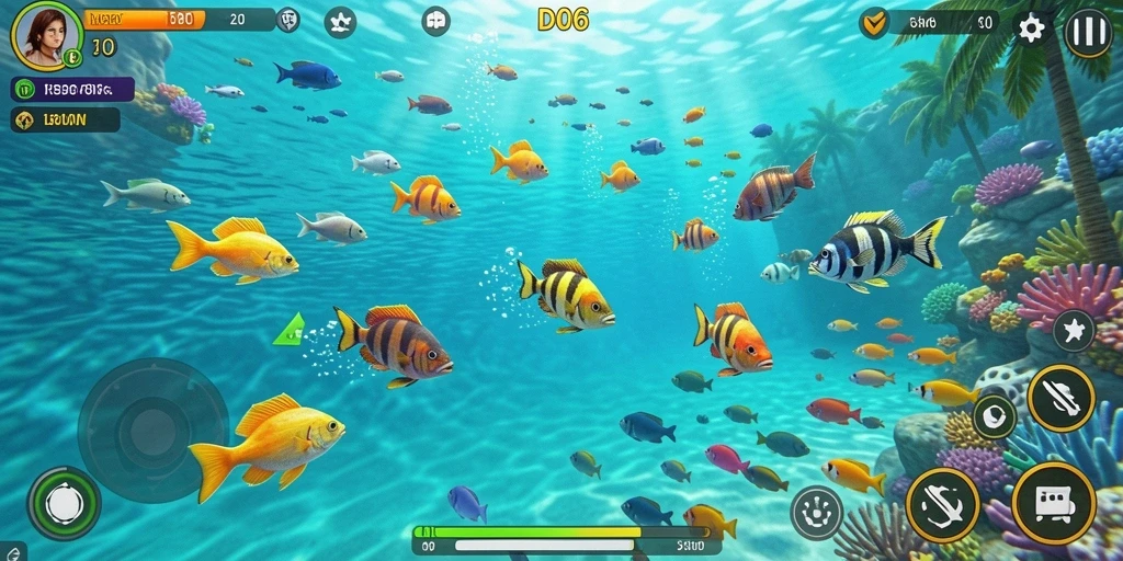 Screenshot D06 yang menampilkan gameplay Tembak Ikan yang seru.