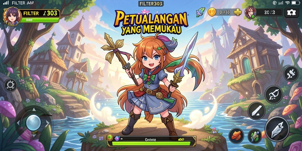 Tampilan utama FILTER303 menampilkan aksi dinamis dalam dunia anime yang kaya.
