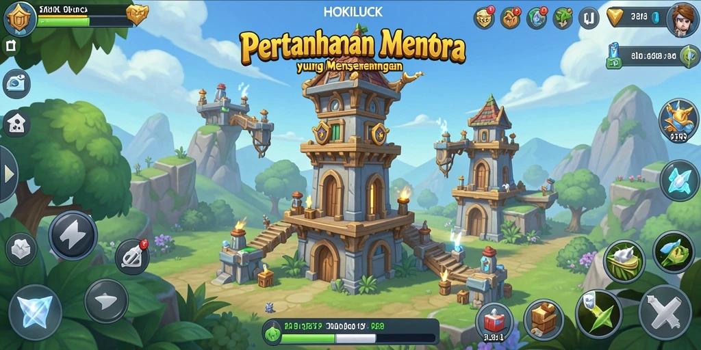 Gameplay HOKILUCK menampilkan pertahanan menara yang strategis dan menantang.