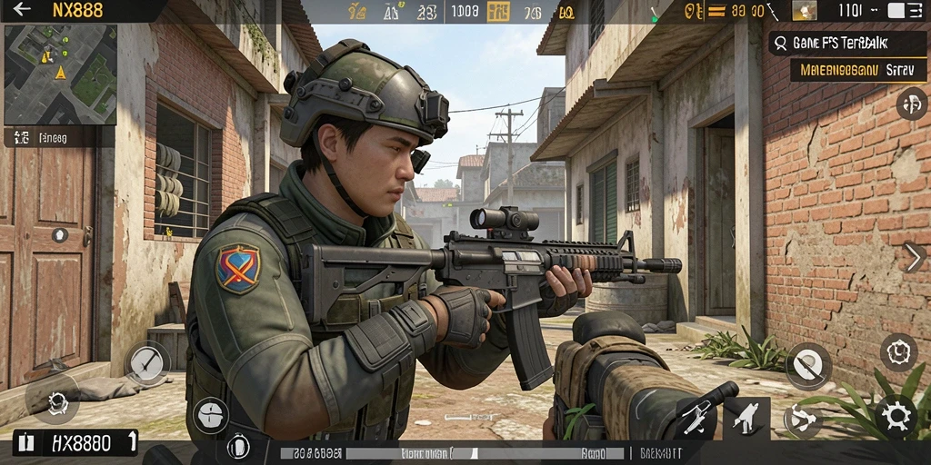 Screenshot gameplay NX888 menampilkan pertempuran seru di lingkungan yang detail.
