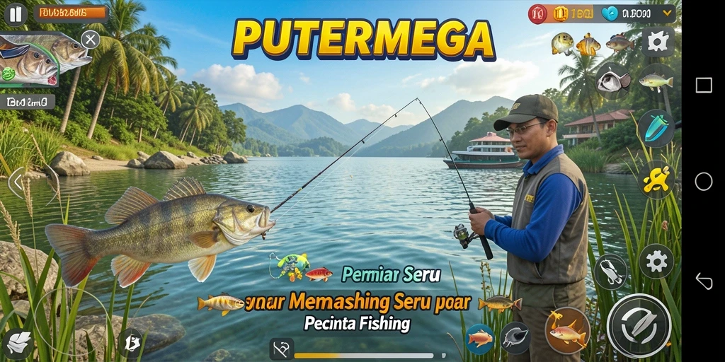 Tampilan gameplay PUTERMEGA yang memikat saat memancing ikan.