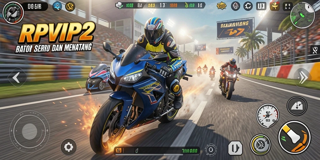 Tampilan gameplay RPVIP2 dengan aksi balapan motor yang intens.