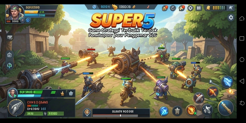 Tangkapan layar gameplay SUPER5 menampilkan pertempuran strategi epik.