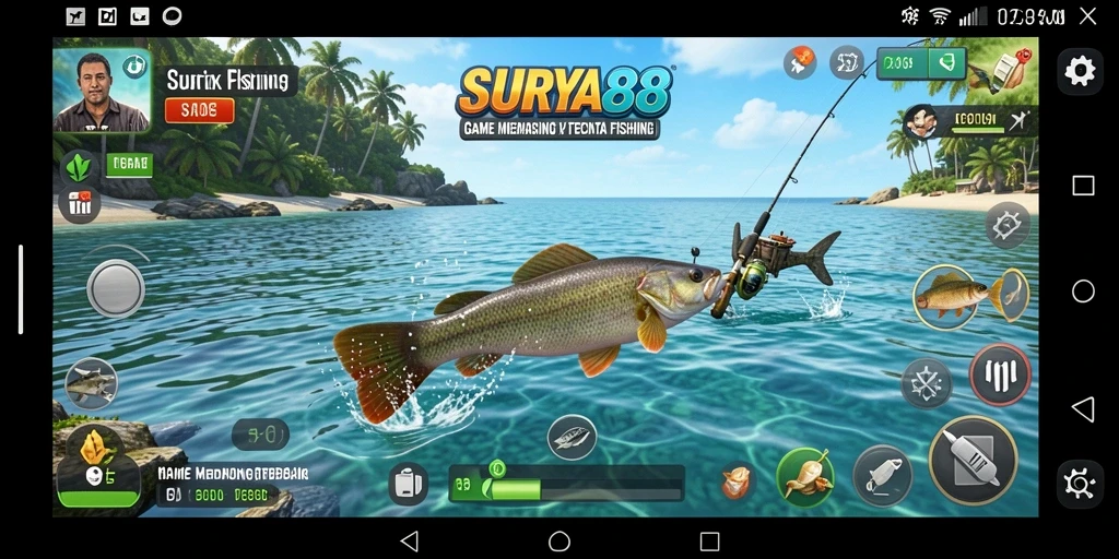 Screenshot utama SURYA88 menampilkan aksi seru memancing di lautan luas.