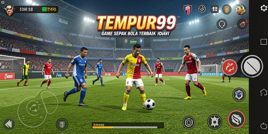 Screenshot gameplay TEMPUR99 menampilkan aksi seru di lapangan sepak bola.
