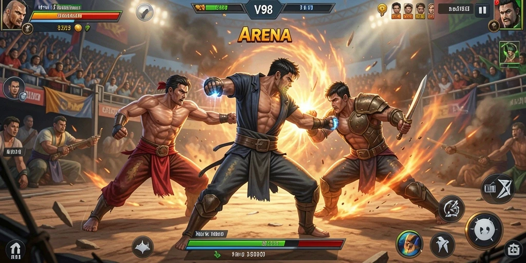 Tangkapan layar dari gameplay V98 yang intens dan penuh aksi.