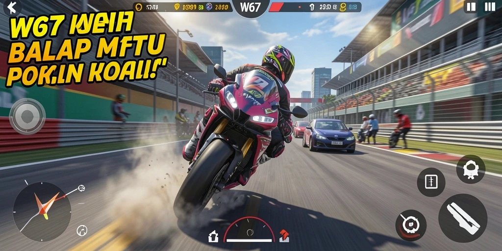 Tampilan gameplay seru dalam W67 dengan kecepatan tinggi dan balapan yang mendebarkan.
